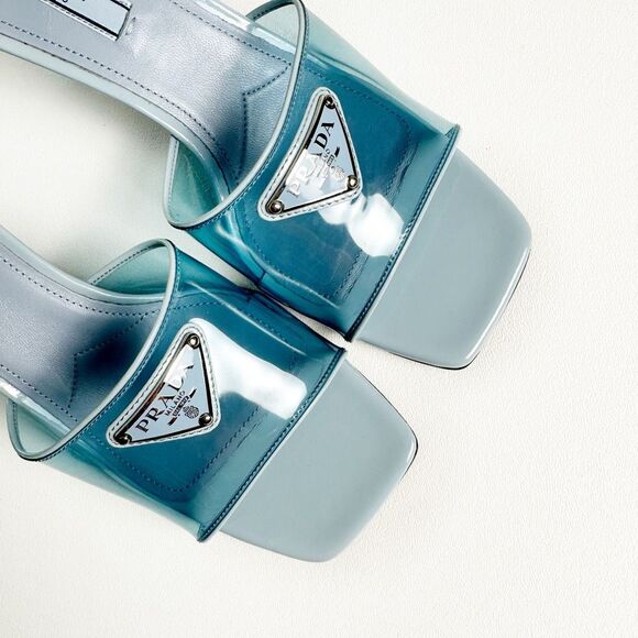 PRADA Blue Ciabatte Triangle Logo Slide Sandal Heels Size 37 Mule Clear PVC - Picture 6 of 13